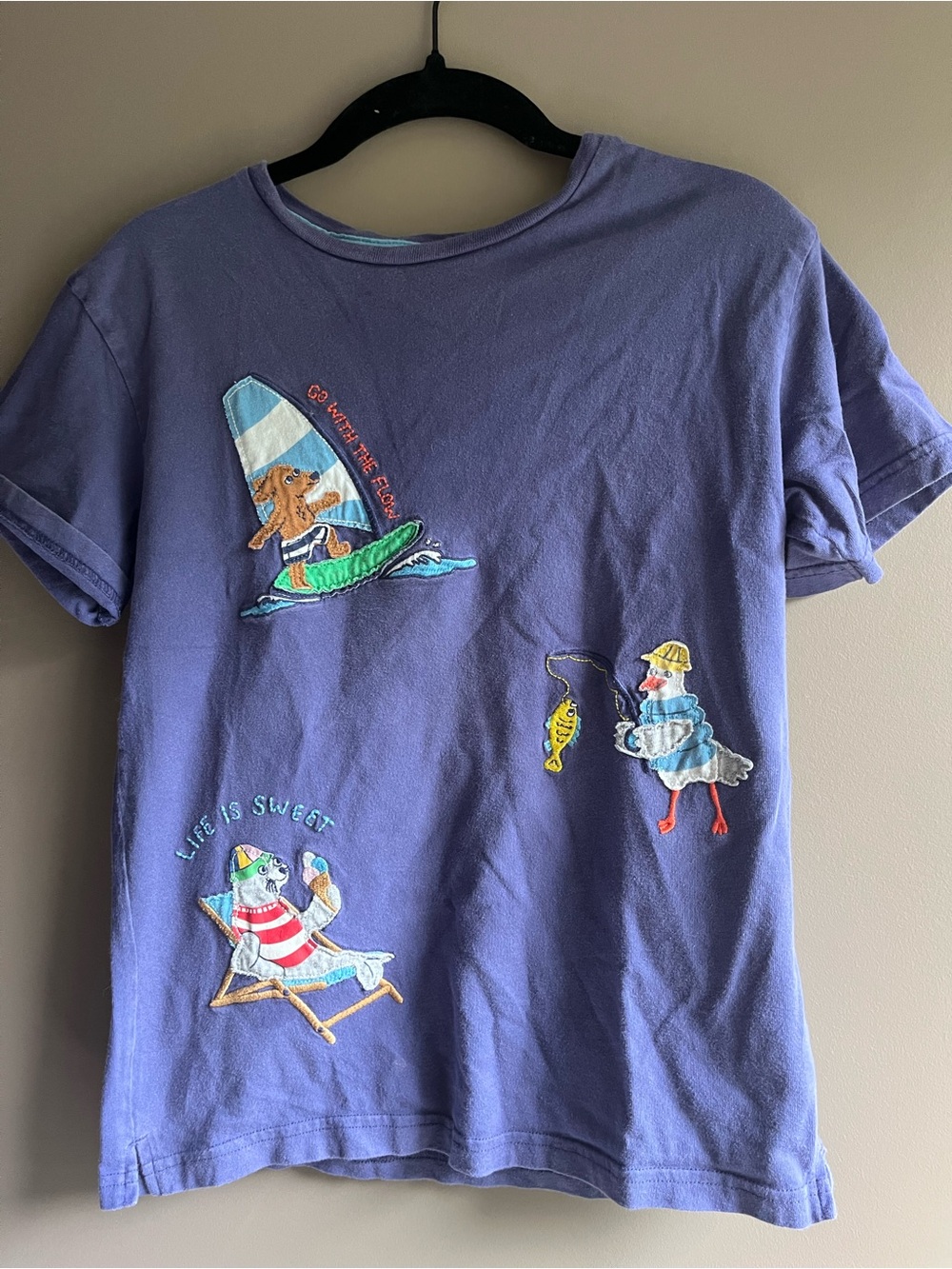 Mini Boden kids blue Short Sleeve Tee shirt with Beach Appliqués 8-9 medium